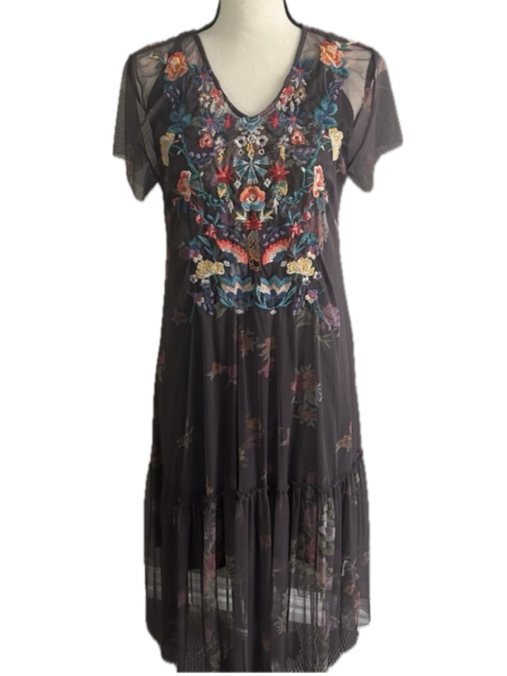 Johnny Was Biya Midi Dress with Multicolor Floral Embroidery